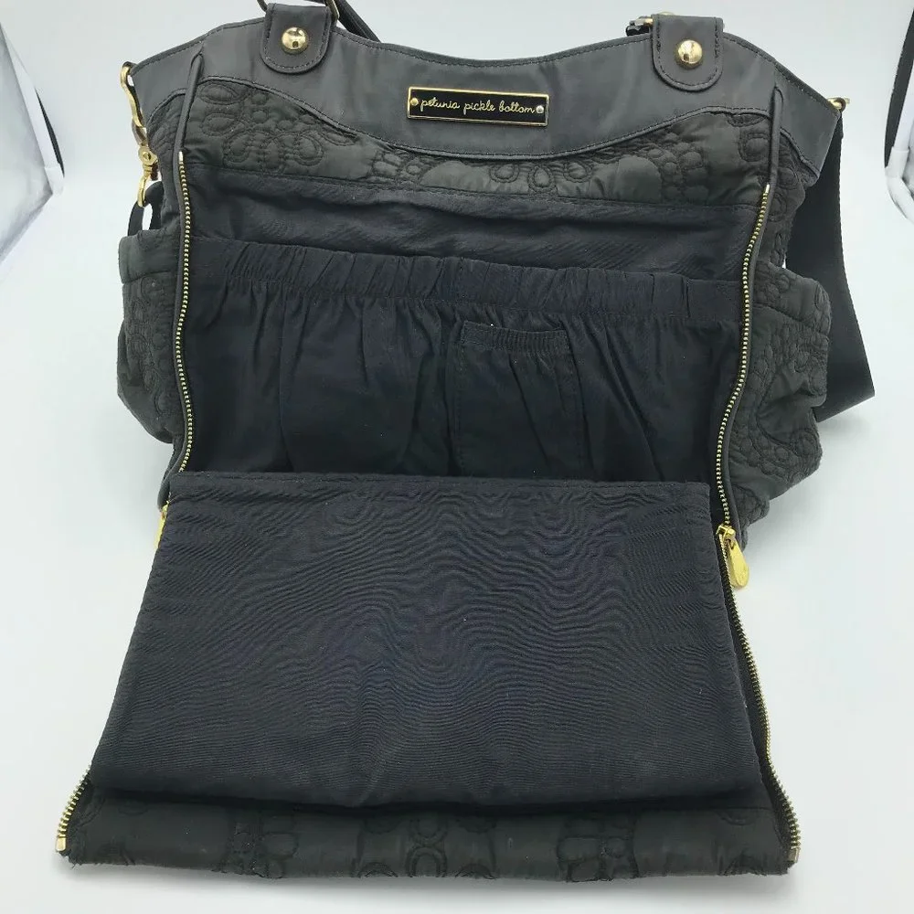 Petunia Pickle Bottom Black Quilted Floral-Embossed Diaper Bag